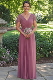 Glitrende Dusty Rose A-linje Wrap Paljetter Korte ermer Chiffon Lang Brudens Mor Kjole