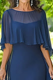 Navy Chiffon Slire Lang Kjole til brudens mor med kappe