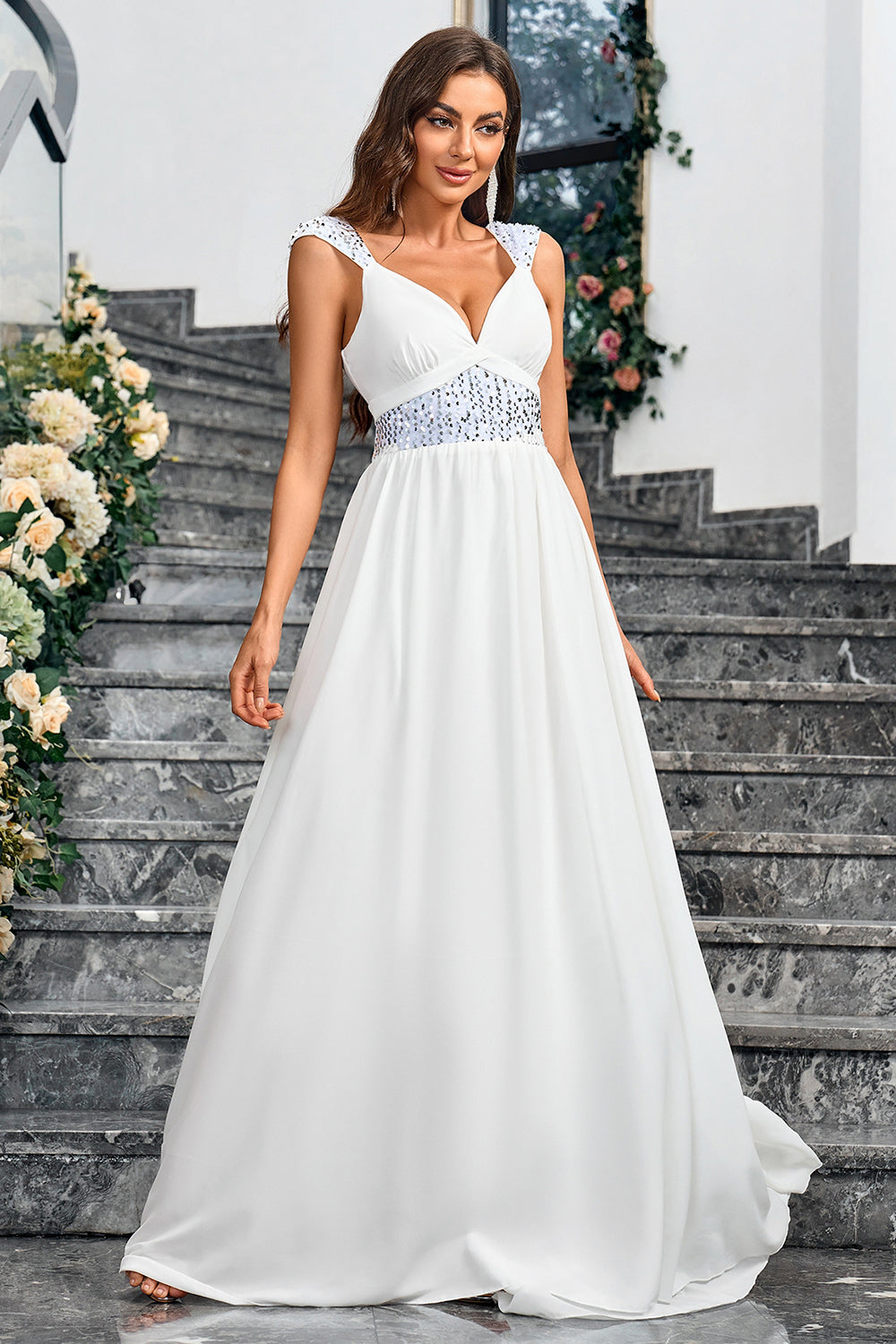 Hvit A Line Spaghetti Stropper Paljetter Lang Festkjole