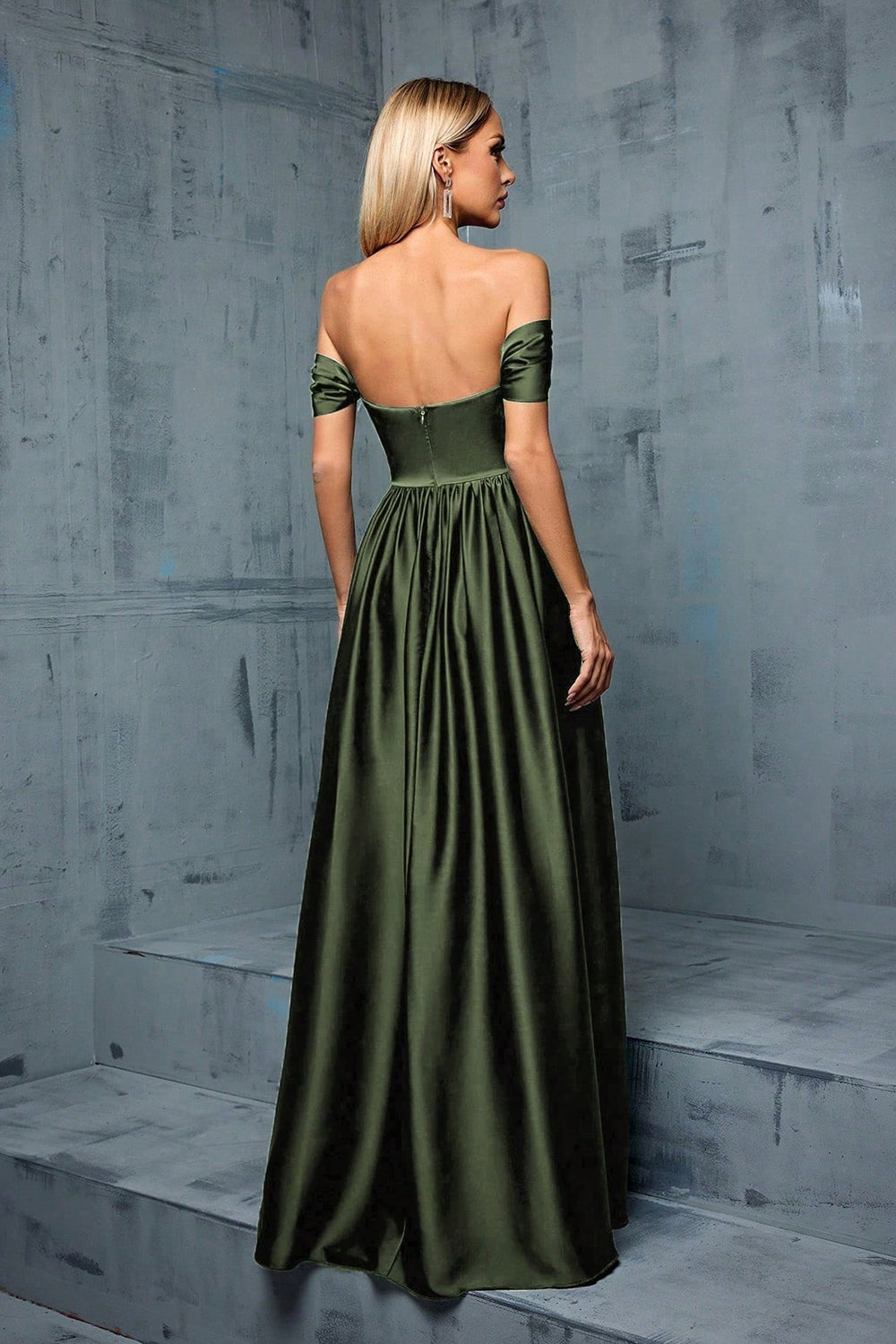 Army Green Off the Shoulder Sateng A-linje lang ballkjole