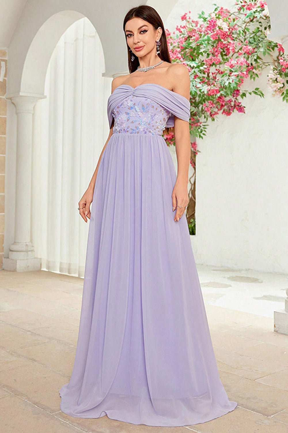 Off The Shoulder Grå Lilla Floral Lang Ballkjole
