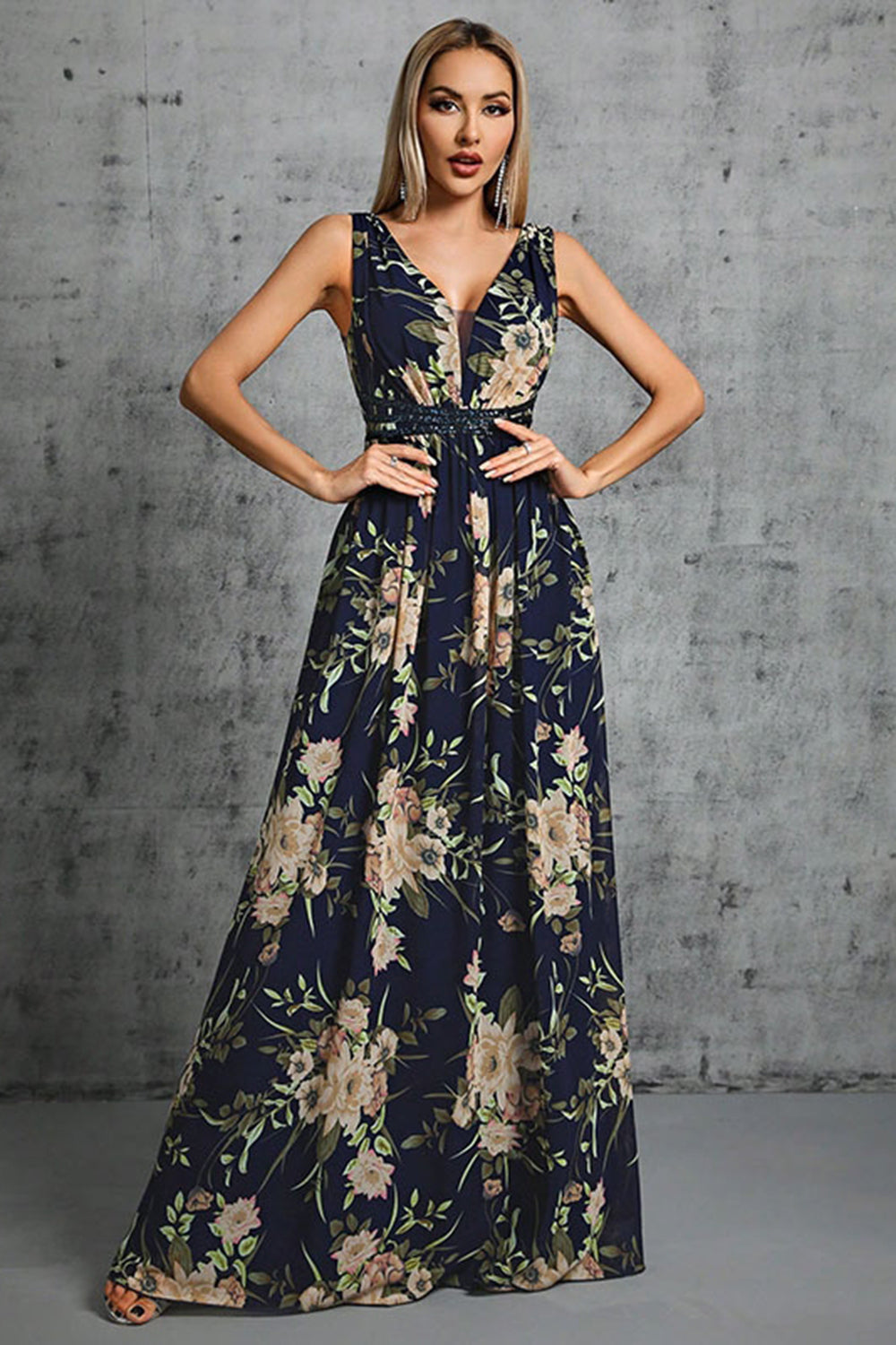 Navy V-hals A Line Trykt Blomst Chiffon Formell Kjole