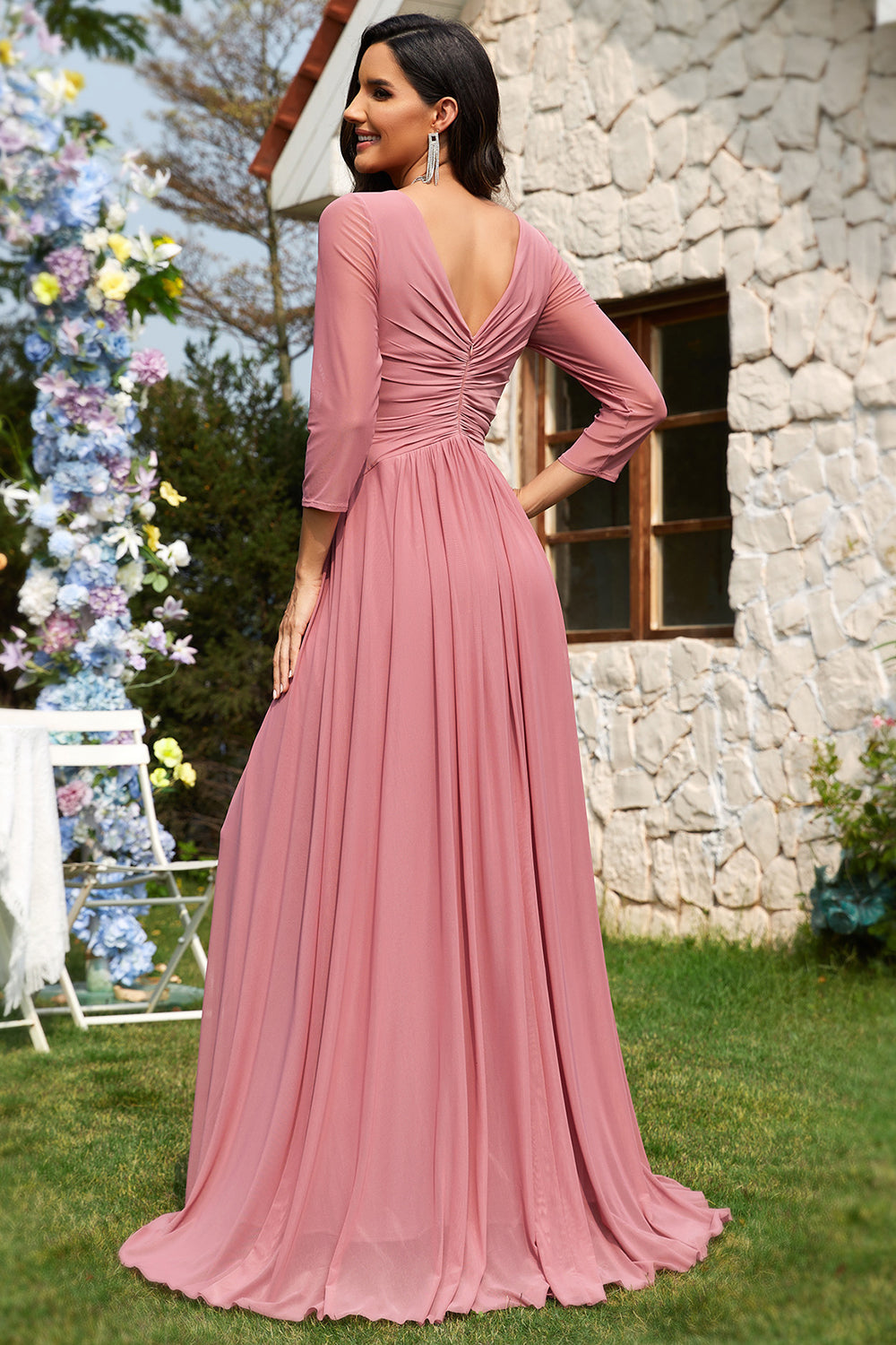 Dusty Rose A-linje V-hals lange ermer Chiffon lang formell kjole