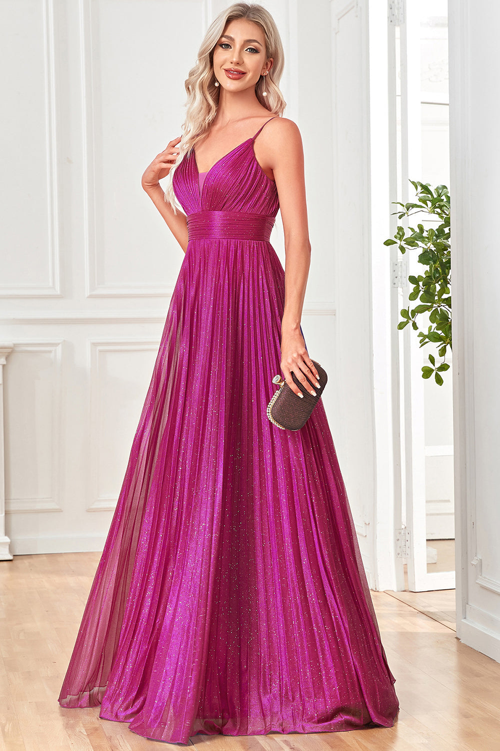 Glitrende Fuchsia A-linje Spaghetti Stropper Plissert Lang Formell Kjole