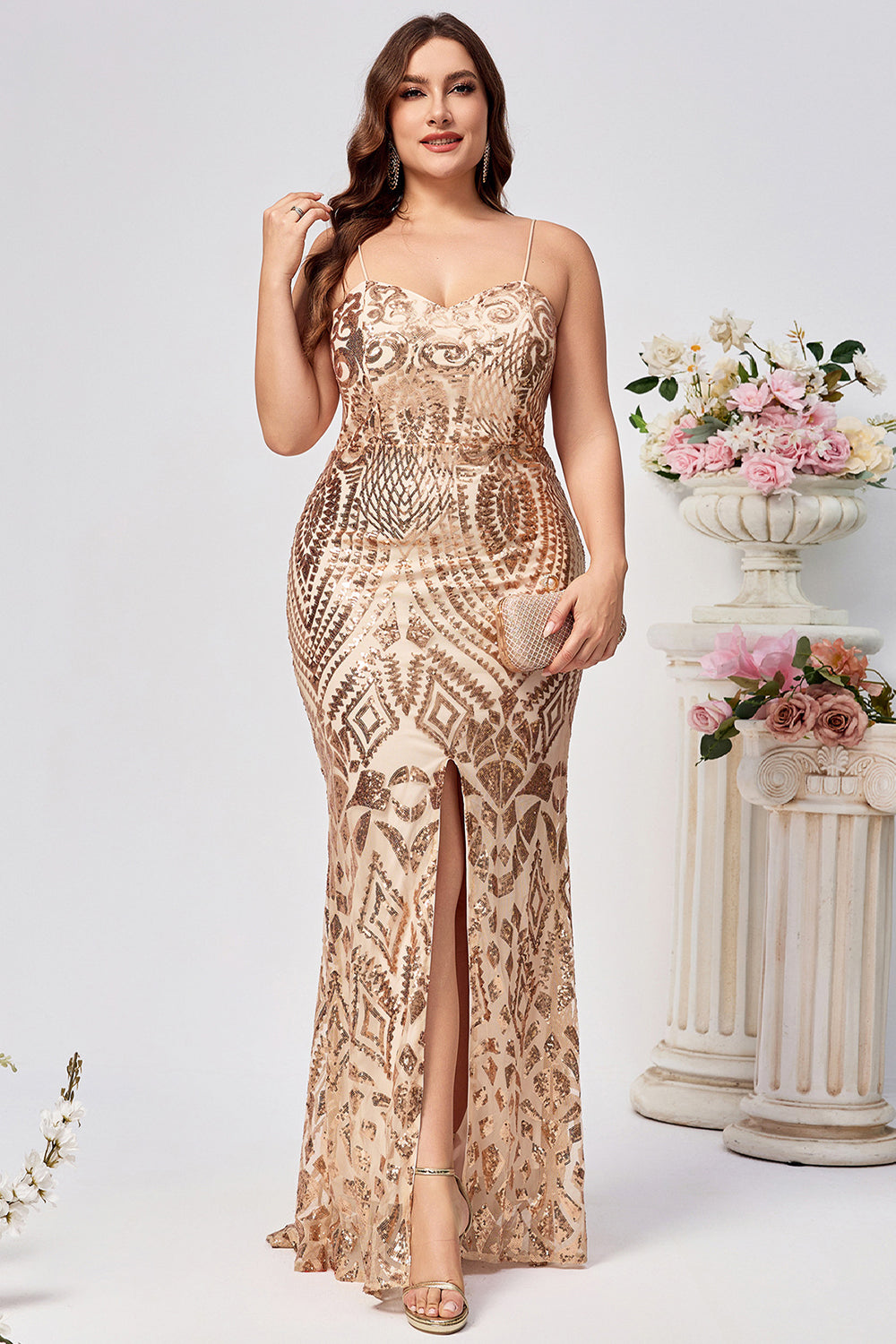Glitrende Plus Size Golden Mermaid Paljett Brodert Lang Ballkjole med Split