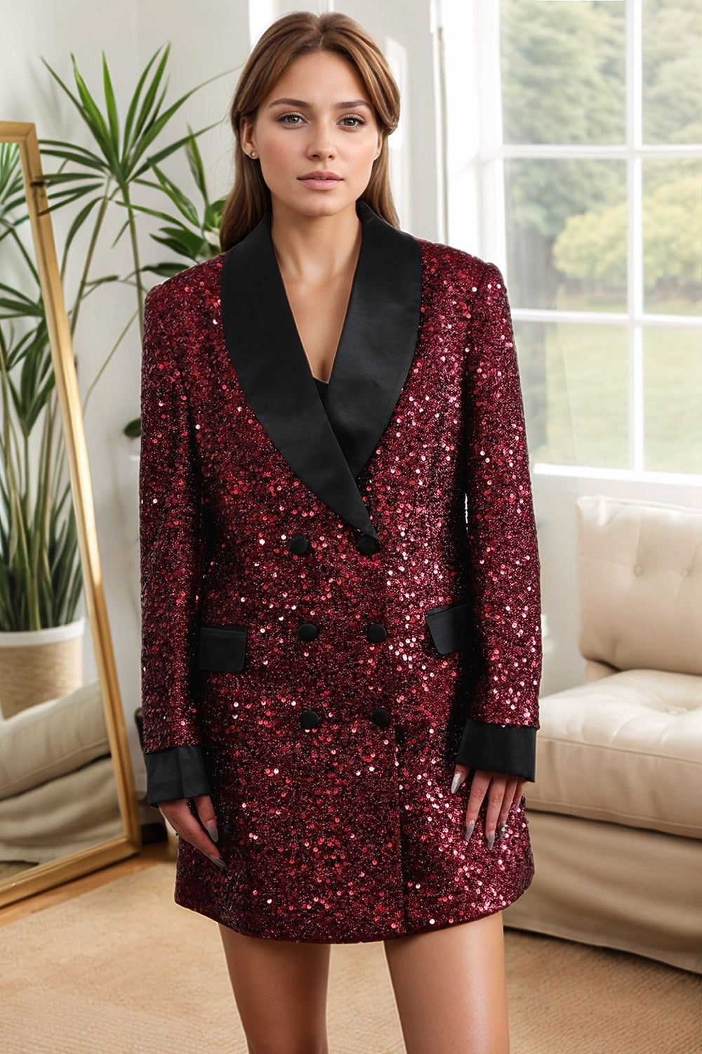 Glitrende Burgundy Bodycon Paljetter Maxi blazer til dame