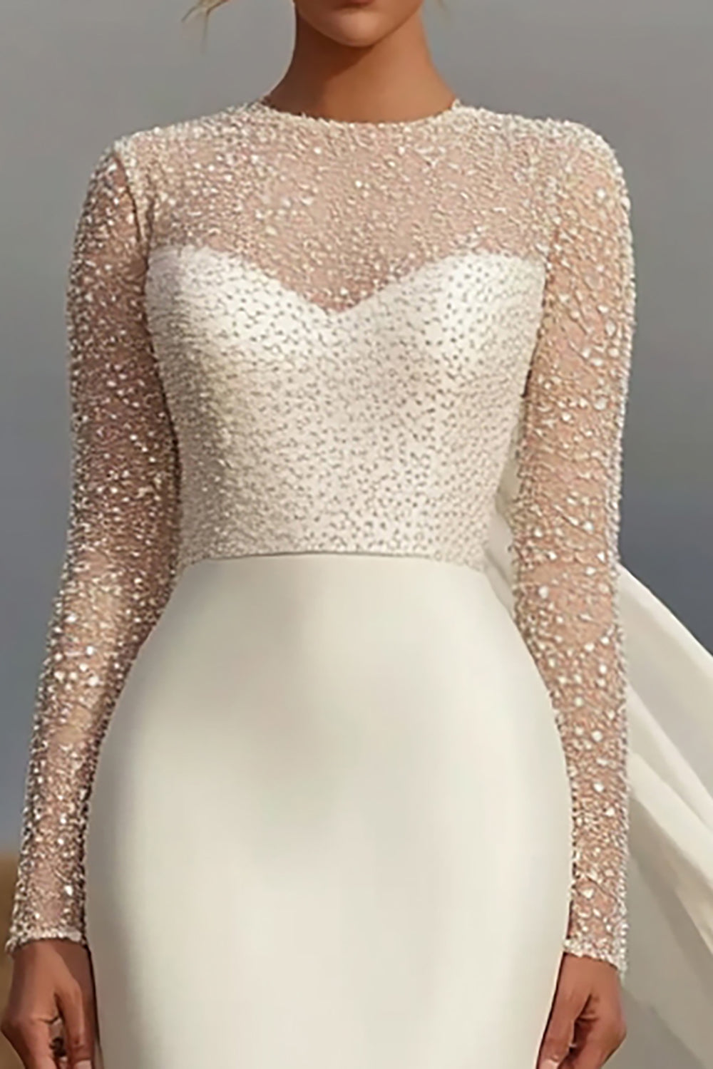 Elfenben Slire Sateng Rund Hals Langermet Brudekjole Med Bånd