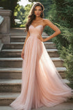 Chic Blush Sweetheart A-linje Ruched Tyll Lang Ballkjole Med Splitt