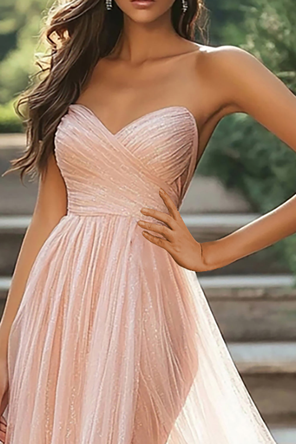 Chic Blush Sweetheart A-linje Ruched Tyll Lang Ballkjole Med Splitt