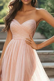 Chic Blush Sweetheart A-linje Ruched Tyll Lang Ballkjole Med Splitt
