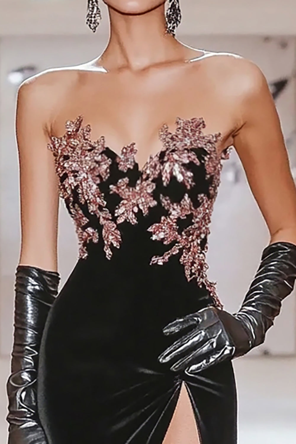 Chic Svart Kjæreste Havfrue Applique Sateng Lang Ballkjole Med Splitt