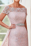 Elegant Blush Off the Shoulder Column Lace Long Mother of the Bride med Rhinestone