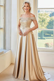 Elegant Champagne Off the Shoulder A-linje matt sateng lang mor til bruden med broderi