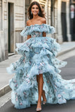 Blå Floral Ruffled Organza Off the Shoulder Asymmetrisk Ballkjole