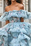 Blå Floral Ruffled Organza Off the Shoulder Asymmetrisk Ballkjole