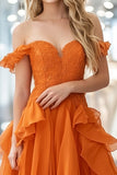 Organza Blonder Oransje En linje fra skulderen Volangkjole