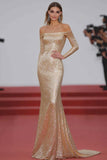 Champagne Off The Shoulder Paljetter Slire Galakjole med lange ermer