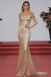 Champagne Off The Shoulder Paljetter Slire Galakjole med lange ermer