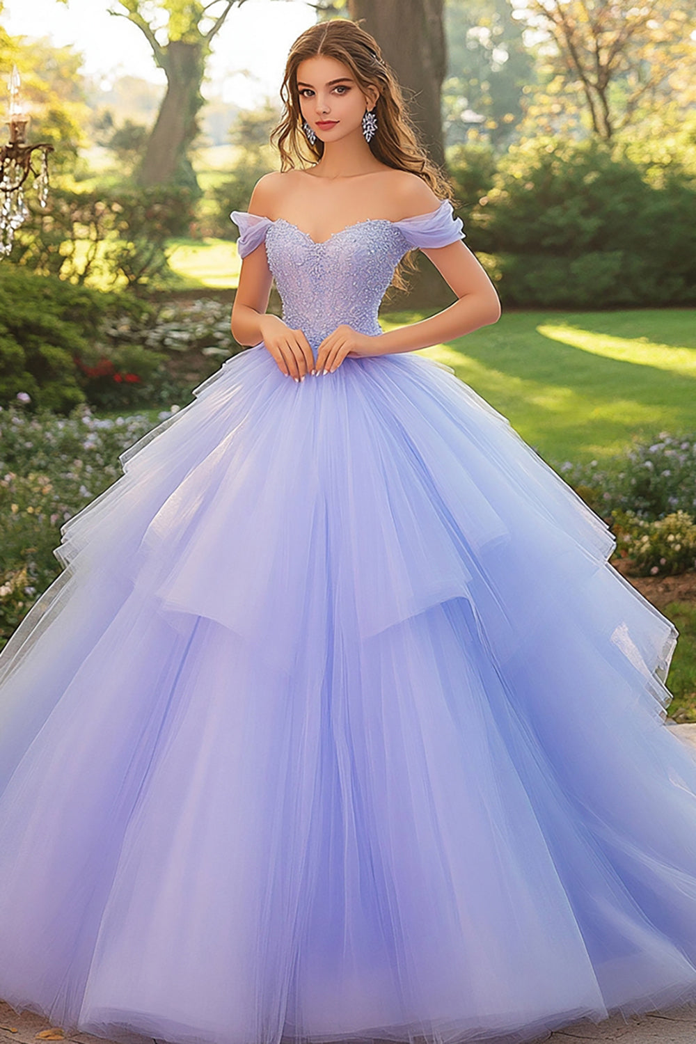 Lilla off the shoulder ballkjole tyll quinceanera kjole med applikasjoner