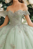 Dusty Sage Off The Shoulder Lace Appliqued Tyll Quinceanera Kjole
