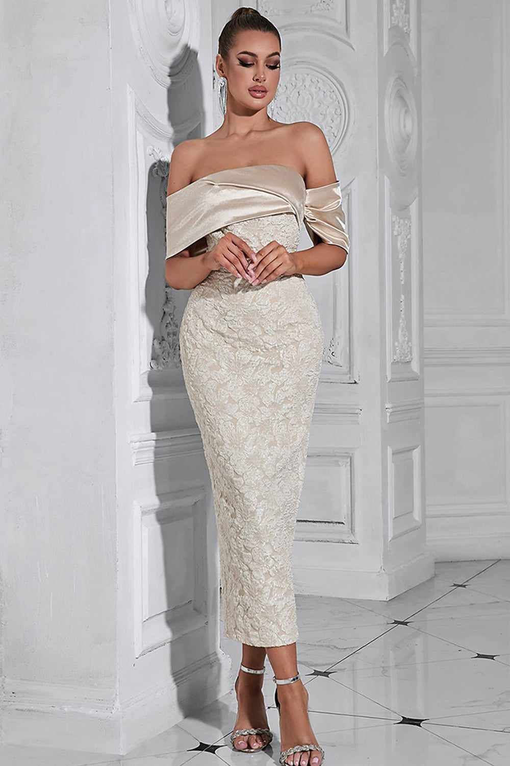 Aprikos Off the Shoulder Appliques Slire Aftenkjole