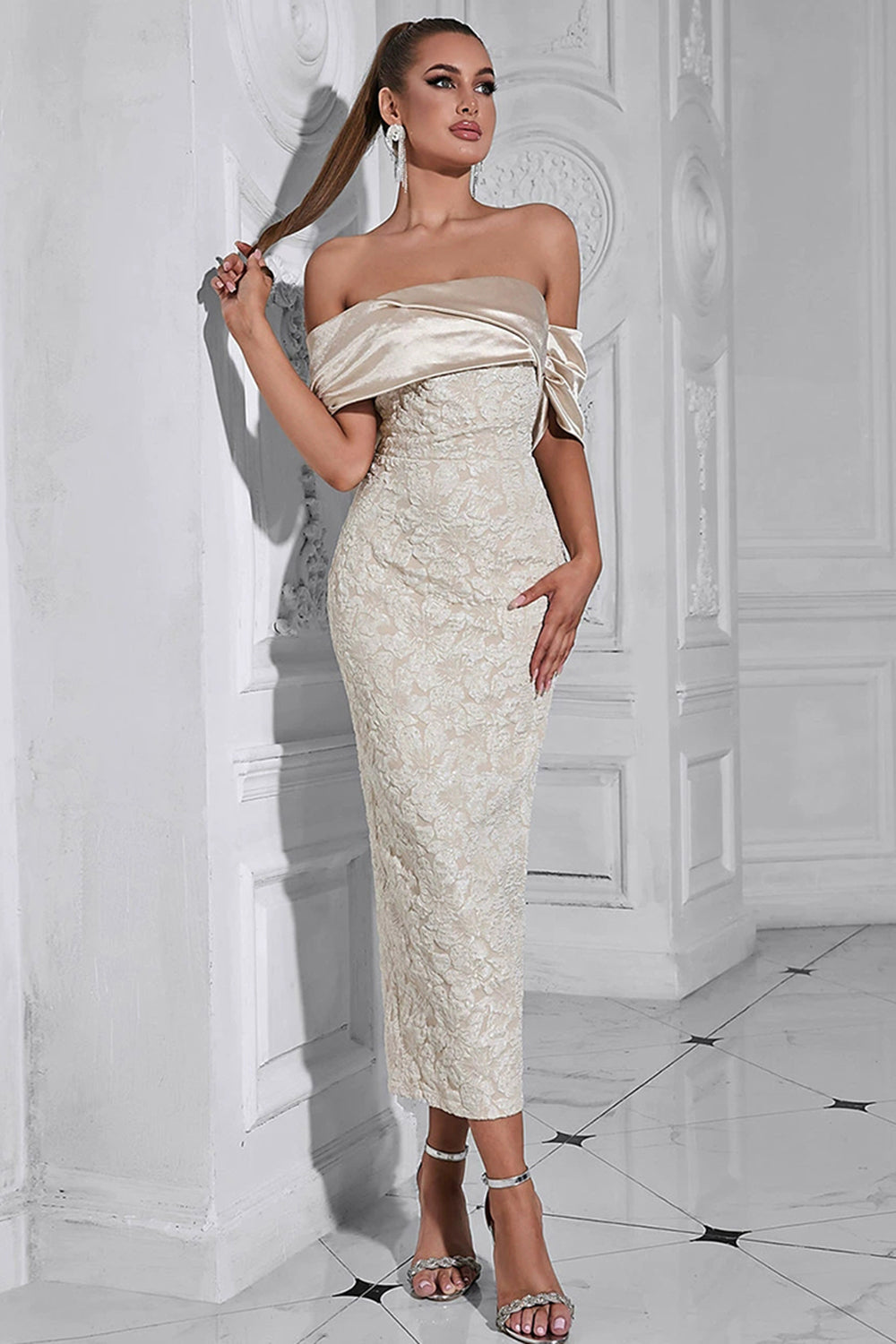 Aprikos Off the Shoulder Appliques Slire Aftenkjole