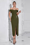Army Green Slire Off the Shoulder Tea Length Ballkjole med Splitt