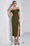 Army Green Slire Off the Shoulder Tea Length Ballkjole med Splitt