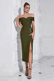 Army Green Slire Off the Shoulder Tea Length Ballkjole med Splitt