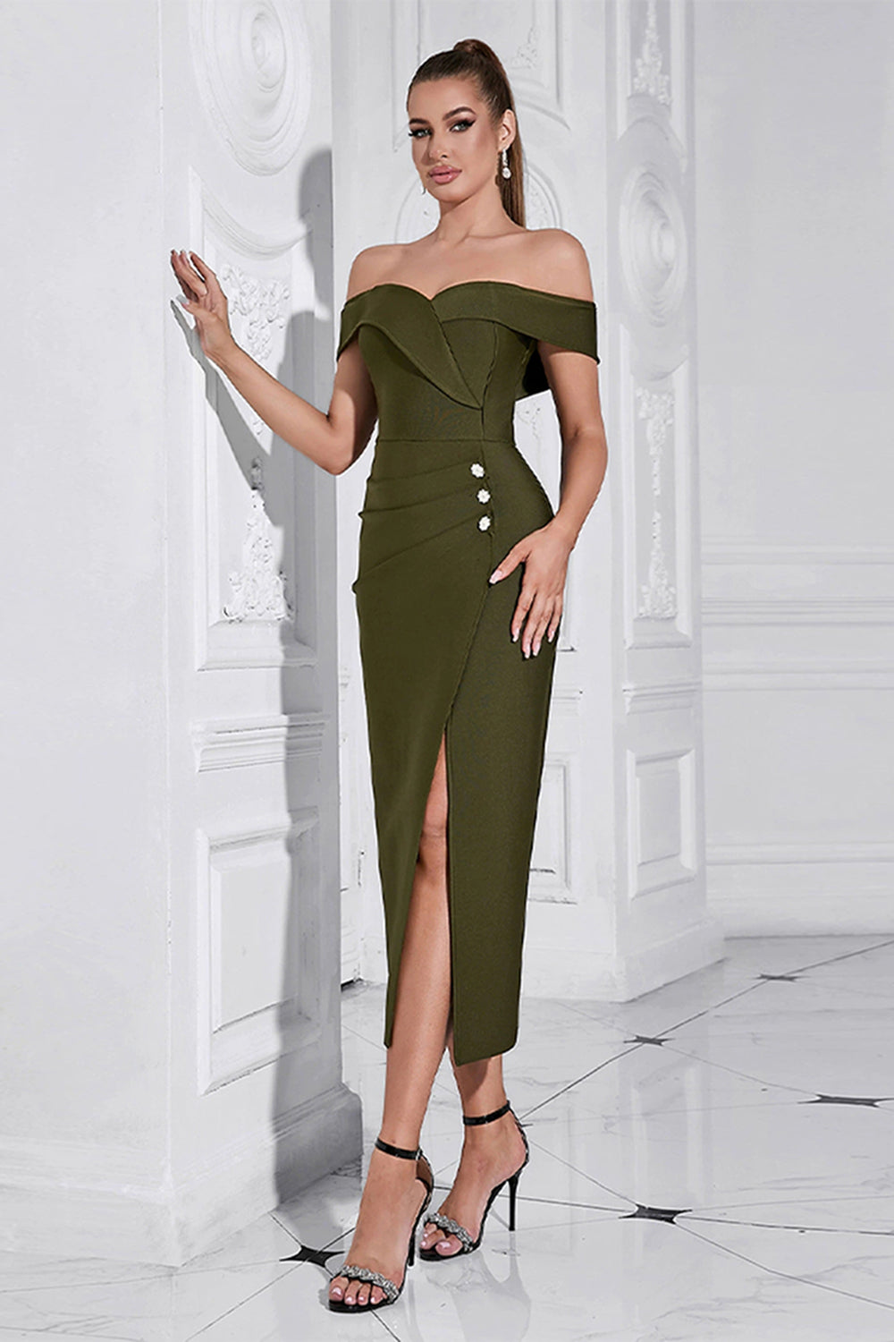 Army Green Slire Off the Shoulder Tea Length Ballkjole med Splitt