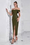 Army Green Slire Off the Shoulder Tea Length Ballkjole med Splitt