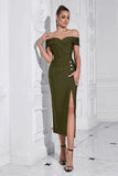 Army Green Slire Off the Shoulder Tea Length Ballkjole med Splitt