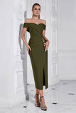 Army Green Slire Off the Shoulder Tea Length Ballkjole med Splitt