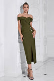 Army Green Slire Off the Shoulder Tea Length Ballkjole med Splitt