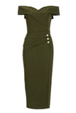 Army Green Slire Off the Shoulder Tea Length Ballkjole med Splitt