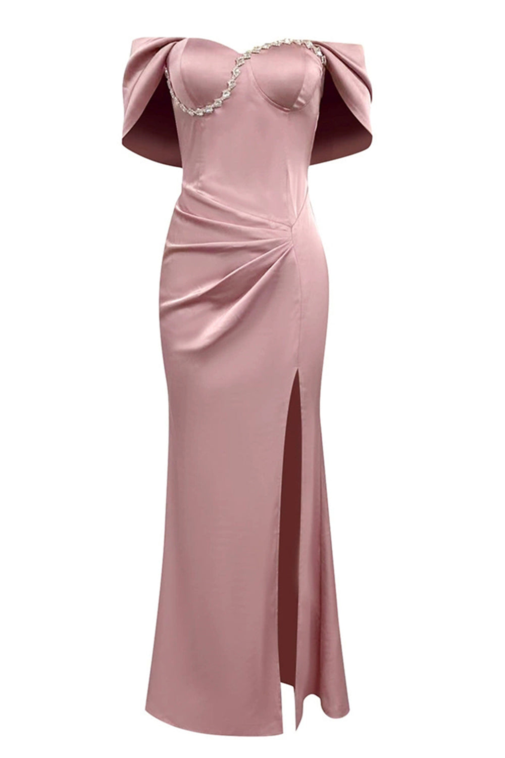 Grå Rosa Slire Off the Shoulder Rynket Ballkjole med Splitt