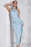 Lyseblå Bodycon One Shoulder Tea Length Formell Kjole