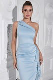 Lyseblå Bodycon One Shoulder Tea Length Formell Kjole