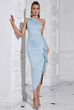 Lyseblå Bodycon One Shoulder Tea Length Formell Kjole