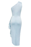 Lyseblå Bodycon One Shoulder Tea Length Formell Kjole
