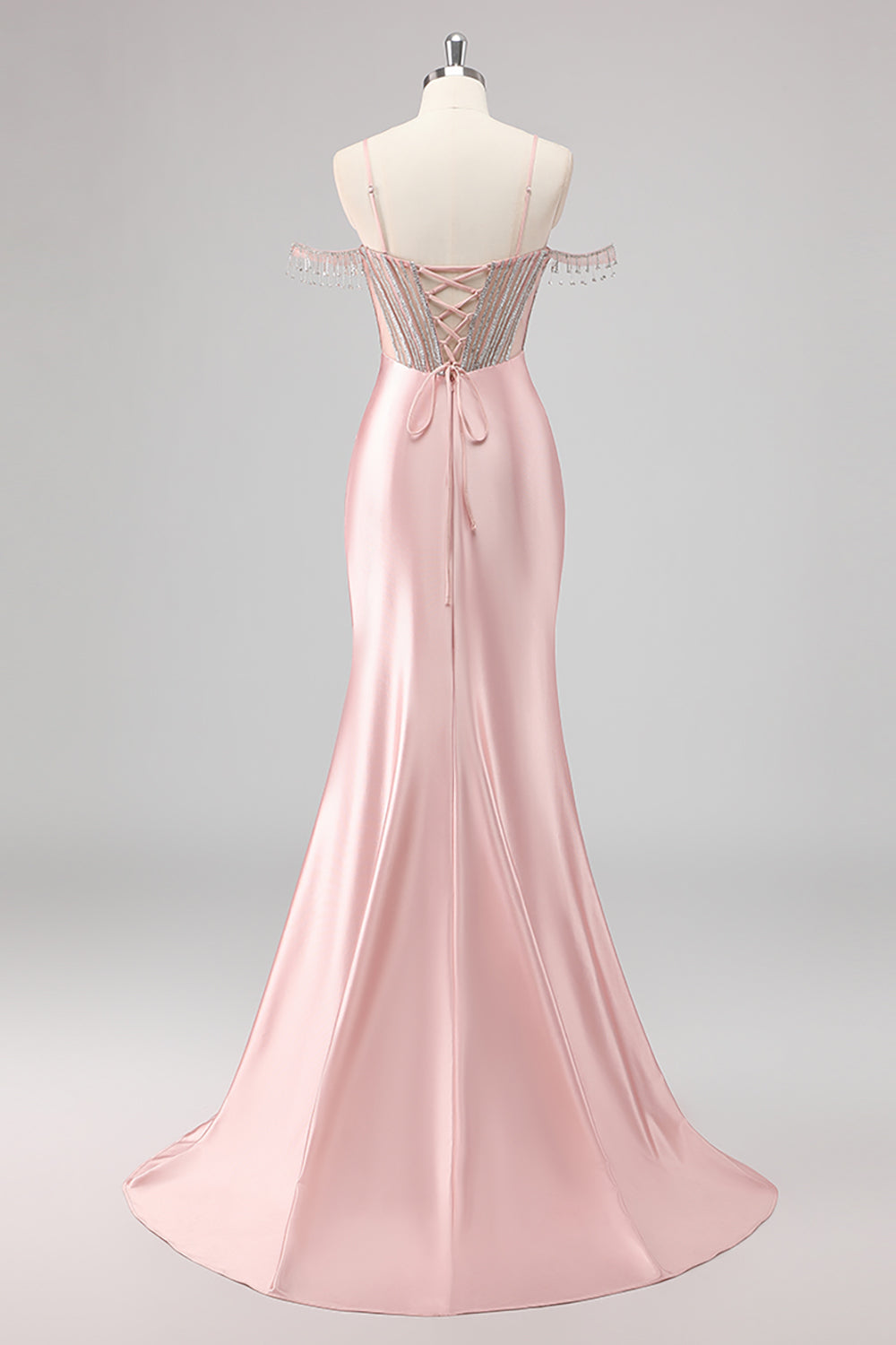 Glitrende havfrue Kald skulder Beaded Lang Rosa Ballkjole med Splitt