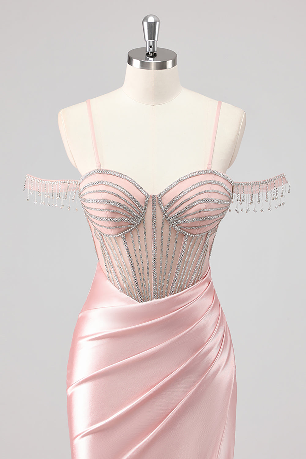 Glitrende havfrue Kald skulder Beaded Lang Rosa Ballkjole med Splitt