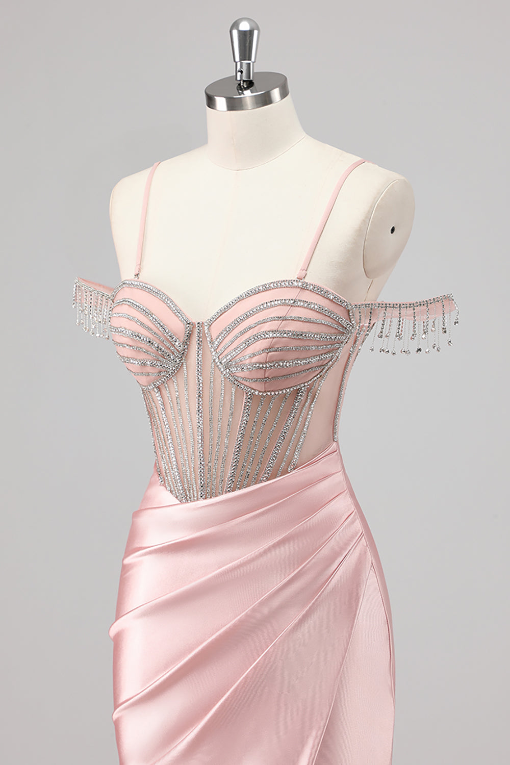 Glitrende havfrue Kald skulder Beaded Lang Rosa Ballkjole med Splitt