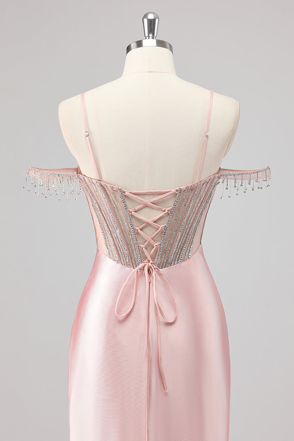 Glitrende havfrue Kald skulder Beaded Lang Rosa Ballkjole med Splitt