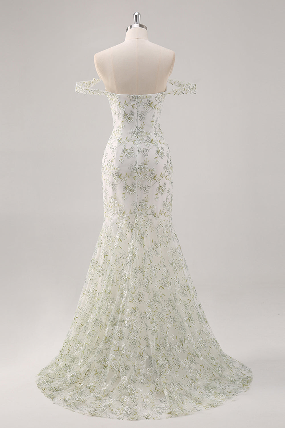 Havfrue Hvit Grønn Blomst Off The Shoulder Lang Ballkjole