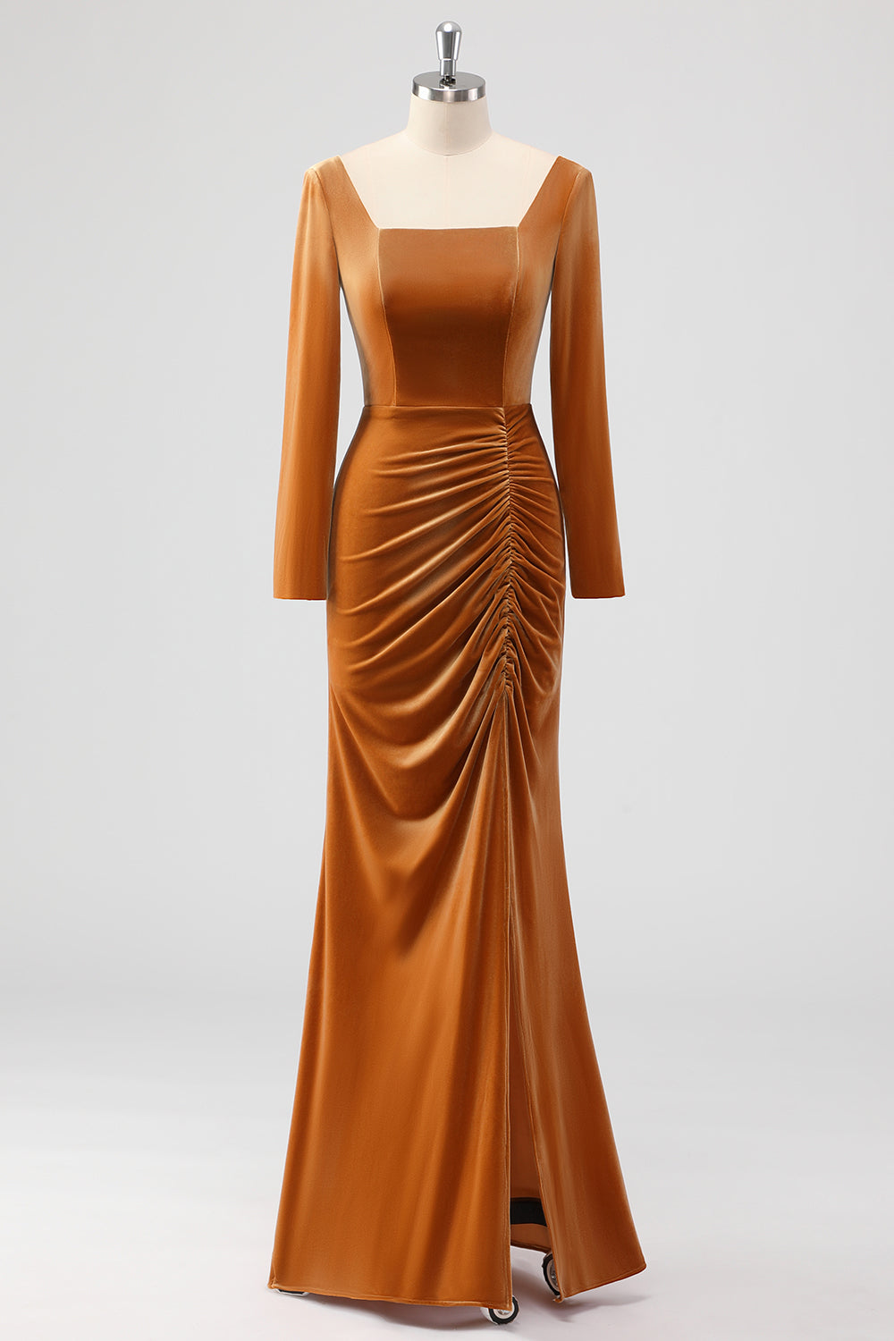 Brun Slire Firkantet Hals Fløyel Lange Ermer Lang Brudepike Kjole