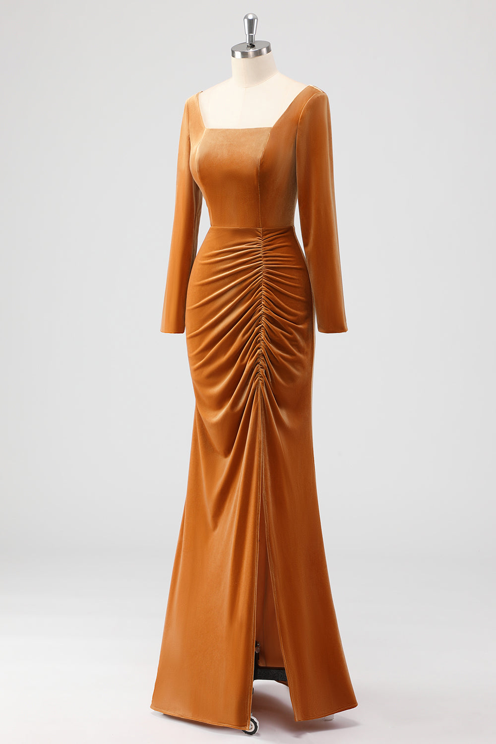 Brun Slire Firkantet Hals Fløyel Lange Ermer Lang Brudepike Kjole