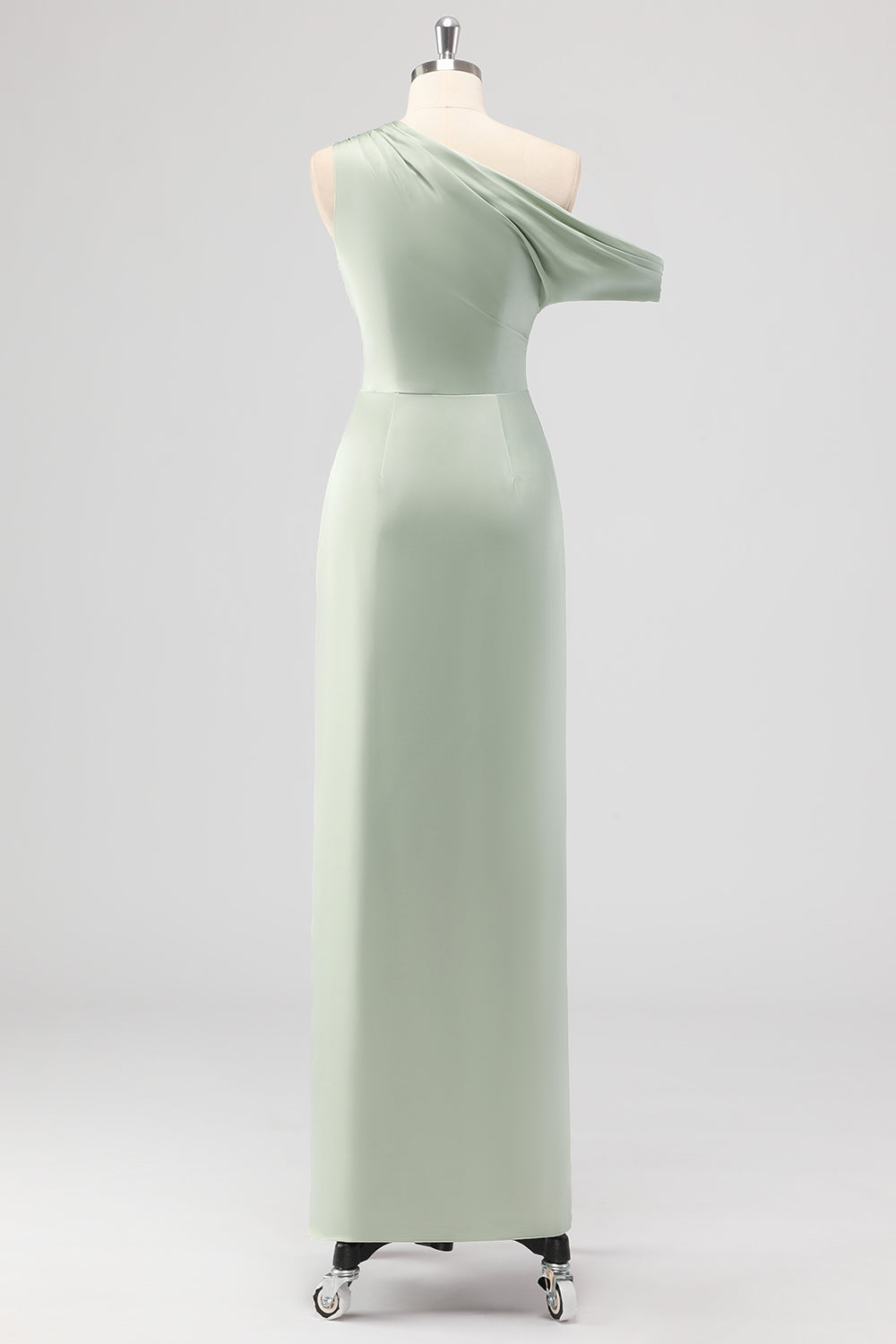 Salvie Grønn En Skulder Sateng Rynket Slire Lang Brudepike Kjole