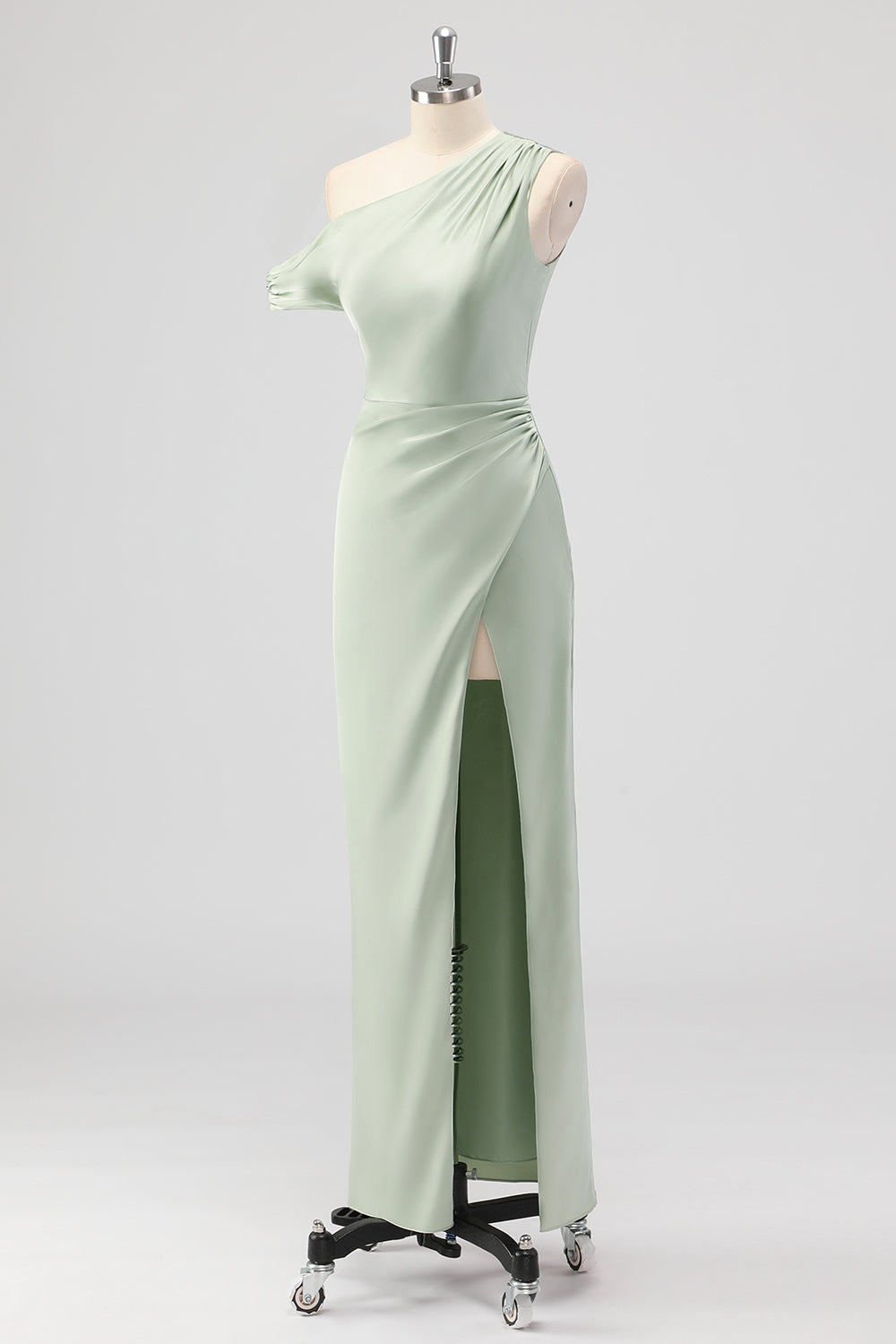 Salvie Grønn En Skulder Sateng Rynket Slire Lang Brudepike Kjole