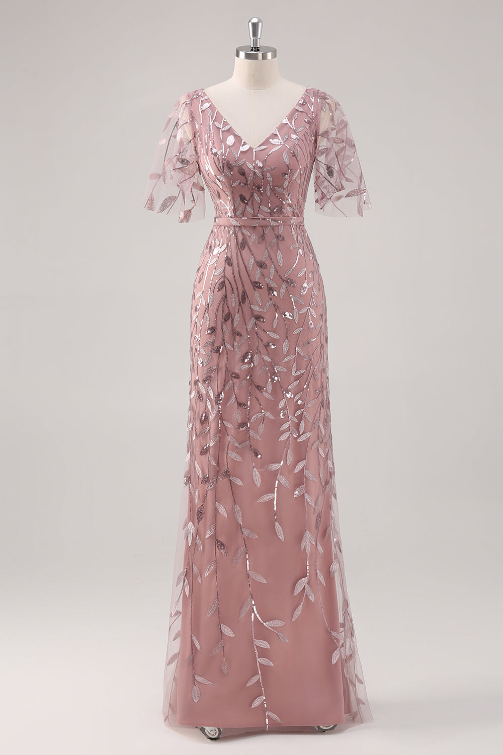 Dusty Rose V-hals slire Paljetter Brudens mor kjole med korte ermer